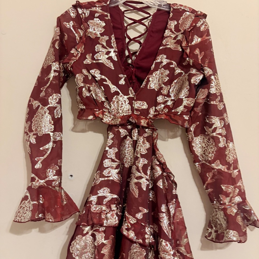 Altar'd State Mollee GG143 Burgundy Gold Metallic Floral Mini Dress Medium - Picture 12 of 15